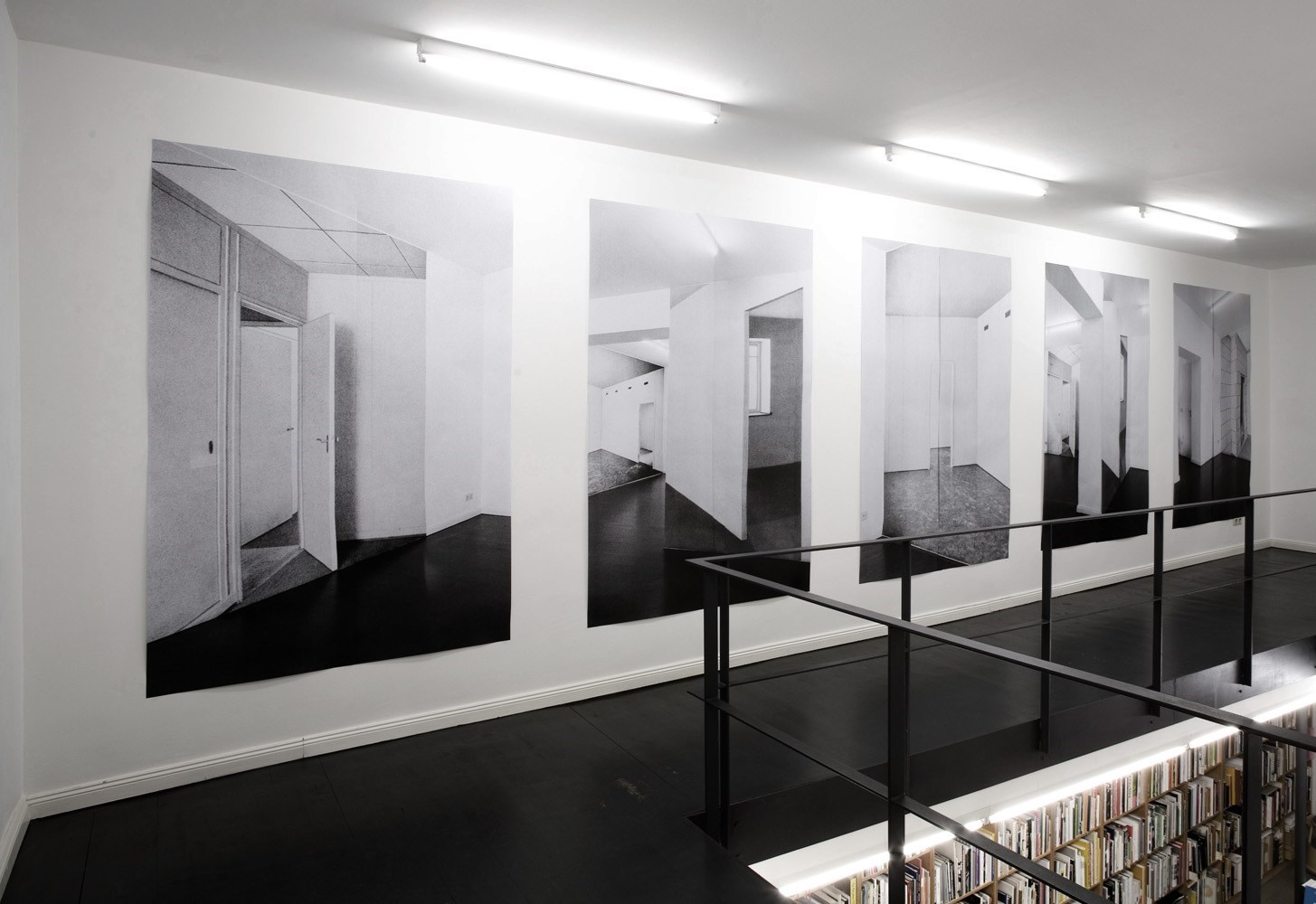 Rohbaucollage, 5 x 210cm x 140cm, black & white prints, 2009<br />Installation view Galerie Barbara Wien, Berlin