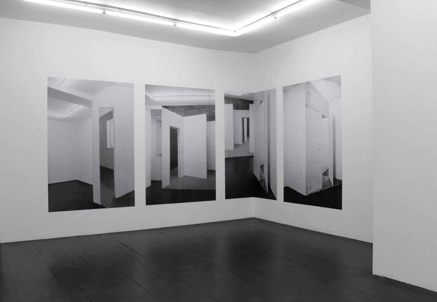 Rohbaucollage II, 4 x 210cm x 140cm, black & white prints, 2011<br />Installation view Carl Freedman Gallery, London